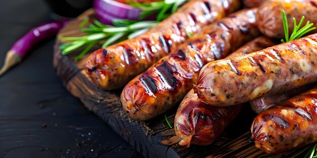 Display of Grilled Sausages on a Wooden Board A Delicious and Savory Spread Concept Grilled Sausages Wooden Board Savory Spread Delicious Display Culinary Delight