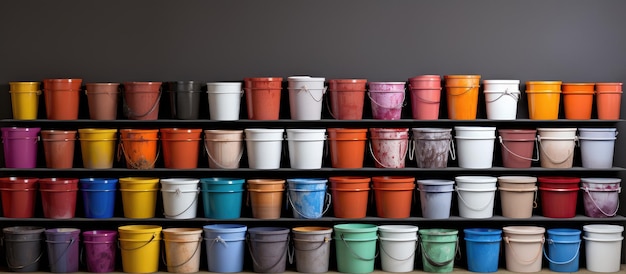 Photo display of hardware store shelves with various types of wall paint in buckets for renovation