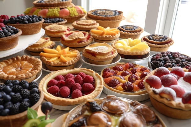 Display of homemade fruit pies and tarts each in a different style and flavor