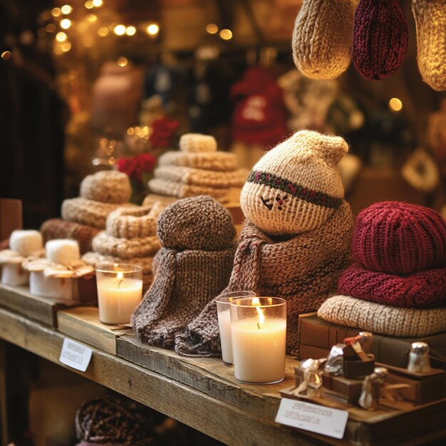 A display of homemade gifts such as knitted scarves and handmade candles