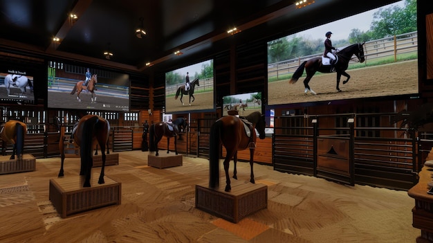 a display of horses and a horse with a picture of a man on the wall