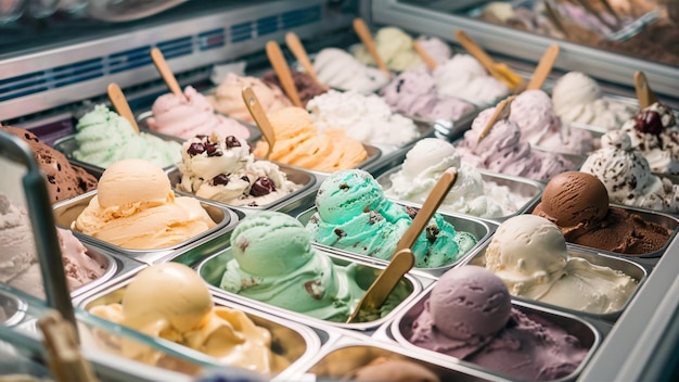 a display of ice creams and ice creams with a wooden spoon