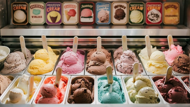 Photo a display of ice creams and ice creams