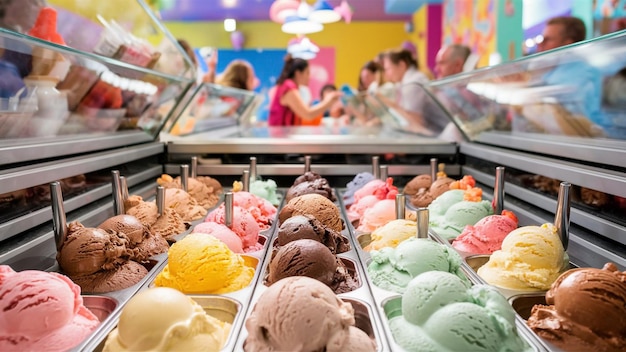 a display of ice creams with a yellow background