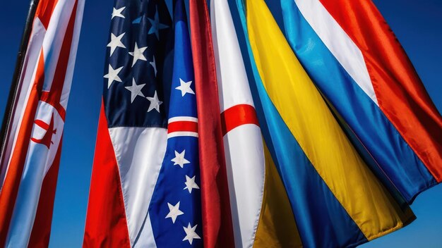 A display of intertwined flags representing different countries