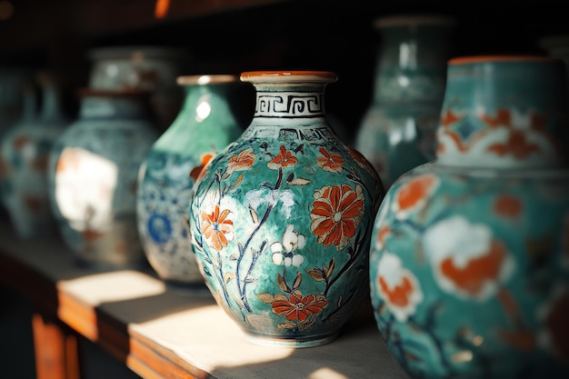 A display of intricately designed ceramic vases with floral patterns