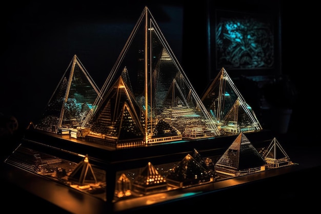 A display of lit pyramids with the word pyramid on the top.