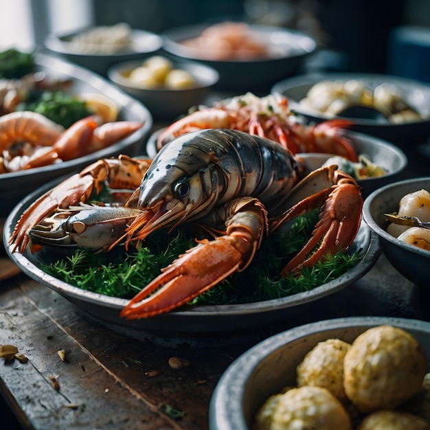 a display of lobsters and potatoes with the word seafood on them