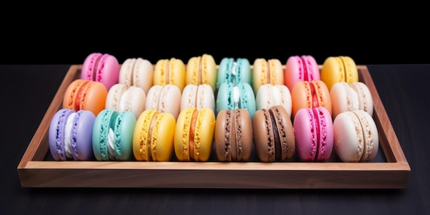 A display of macaroons is displayed on a table.