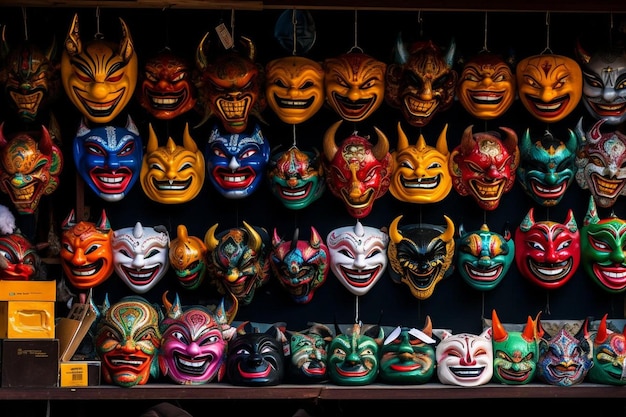 Photo a display of masks that say the word evil