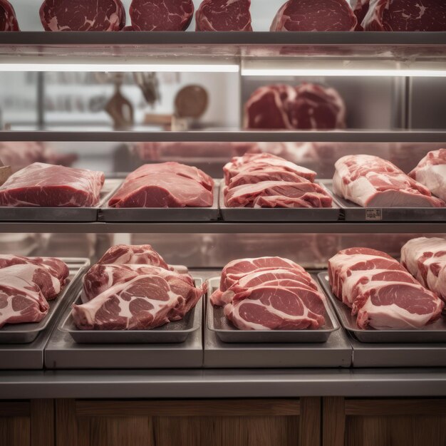 a display of meats in a glass case with a display of meat