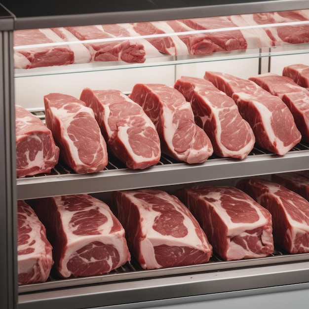 a display of meats in a store with the word meat on the bottom