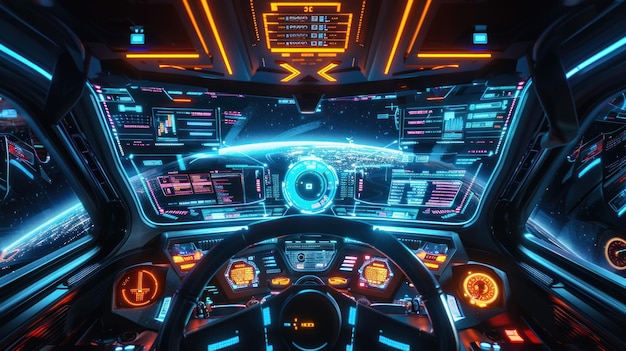 Display Modern spaceship cockpit control dashboard technology HUD style Background wallpaper AI generated image