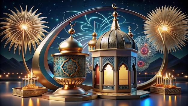 a display of a mosque with a blue background with a gold dome and a blue dome