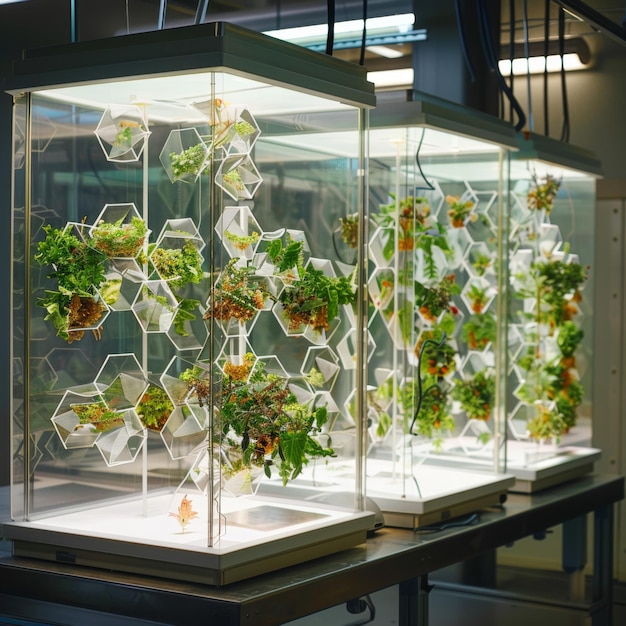 a display of plants in a glass case with a white background