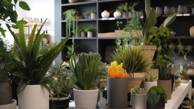 A display of plants including a cactus and a planter.