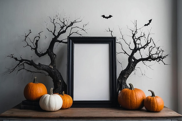 a display of pumpkins and bats on a shelf