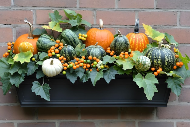 a display of pumpkins and gourds on a black tray