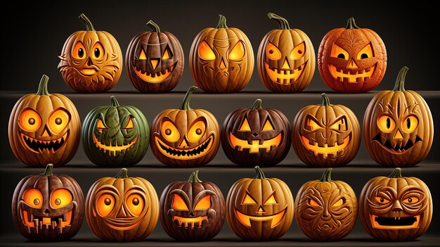 a display of pumpkins with faces and faces on them