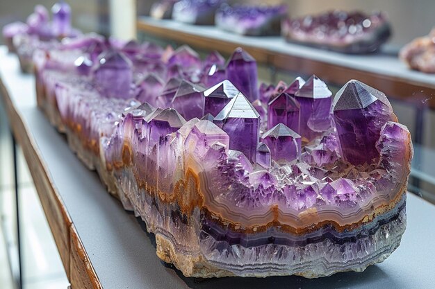 a display of purple and green food with a house on the top