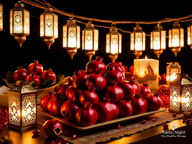 Photo a display of red pomegranates with a tray of pomegranates