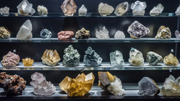 Display of rough diamond specimens collected from different mining sites