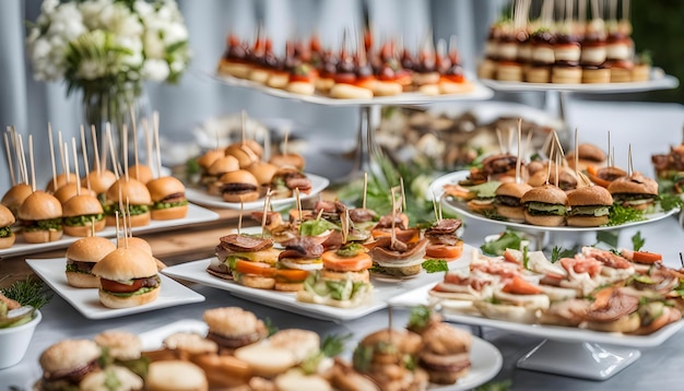 a display of sandwiches with a bunch of different types of food on it