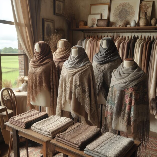 A display of scarves and shawls in a Muslim clothing store with a vintage theme