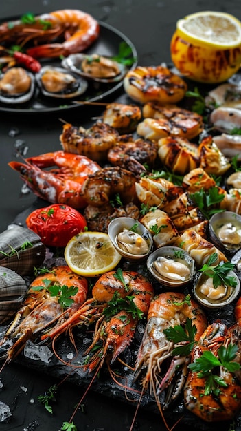 display of seafood including shrimp shrimp and lemons