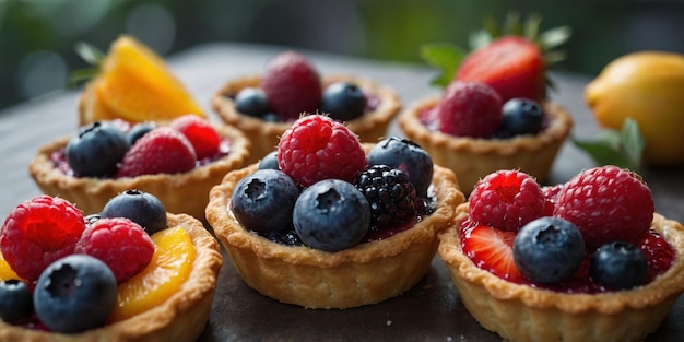 A display of seasonal fruit tarts featuring a flaky organic pastry crust and a mix of fresh berries on top