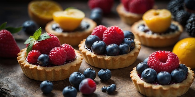 A display of seasonal fruit tarts featuring a flaky organic pastry crust and a mix of fresh berries on top