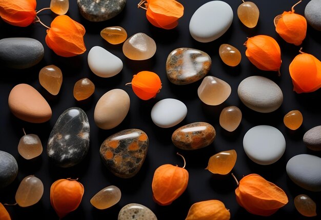 Photo a display of stones and orange physalis on a dark background