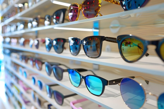 A display of sunglasses with a variety of colors and styles