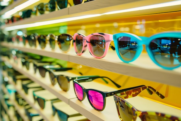 A display of sunglasses with a variety of colors and styles