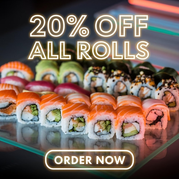 Photo a display of sushi rolls with the words   off  on the bottom