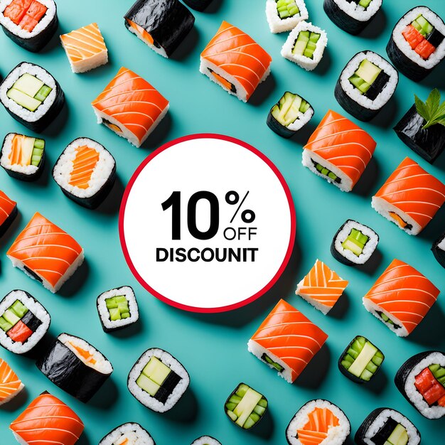 a display of sushi with a red circle that says discount