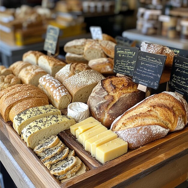 Photo the display of traditional bread loaves alongside gourmet spreads and cheeses