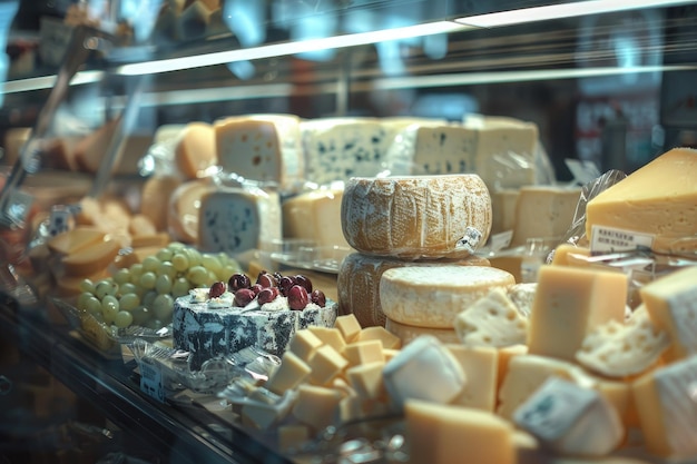 Photo display of various cheeses in grocery store