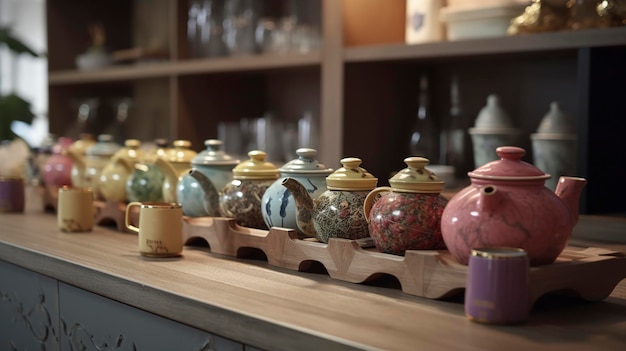 A display of various herbal teas and teapots served at the spa retreat