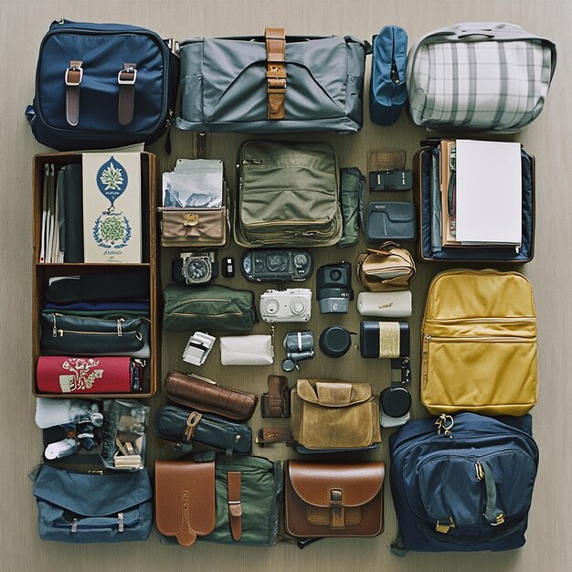 a display of various items including a bag and a bag