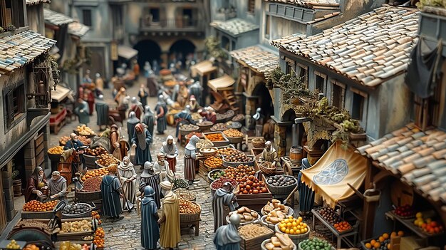 a display of various items including a market with a man and woman