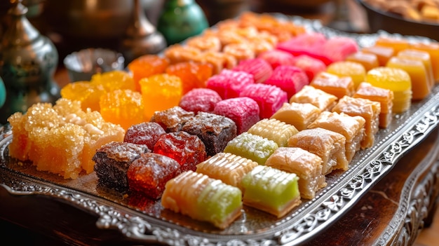 Display of various Middle Eastern sweets like baklava and Turkish delight arranged elegantly on an silver platter natural lighting emphasizing the textures and colors