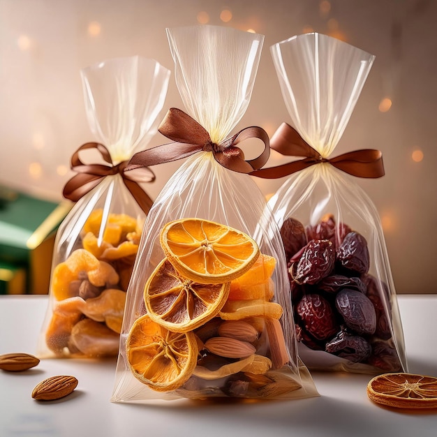 a display of various snacks including oranges nuts and nuts