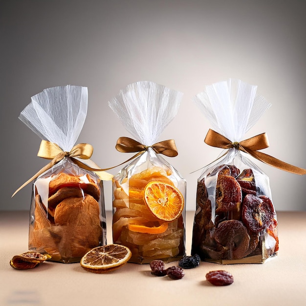 a display of various snacks including oranges nuts and nuts