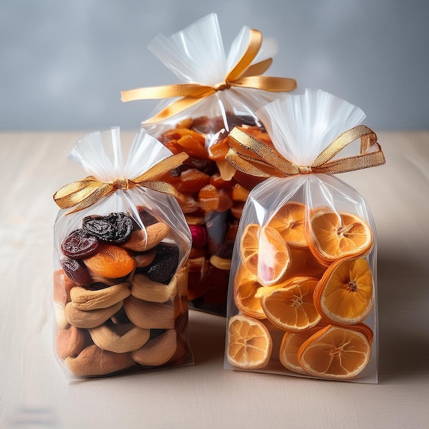 a display of various snacks including oranges nuts and nuts