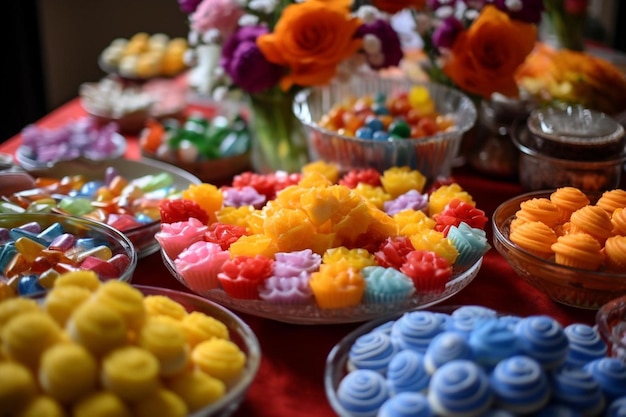 A display of vibrant colored mithai on a festive Sweets Photos790jpg