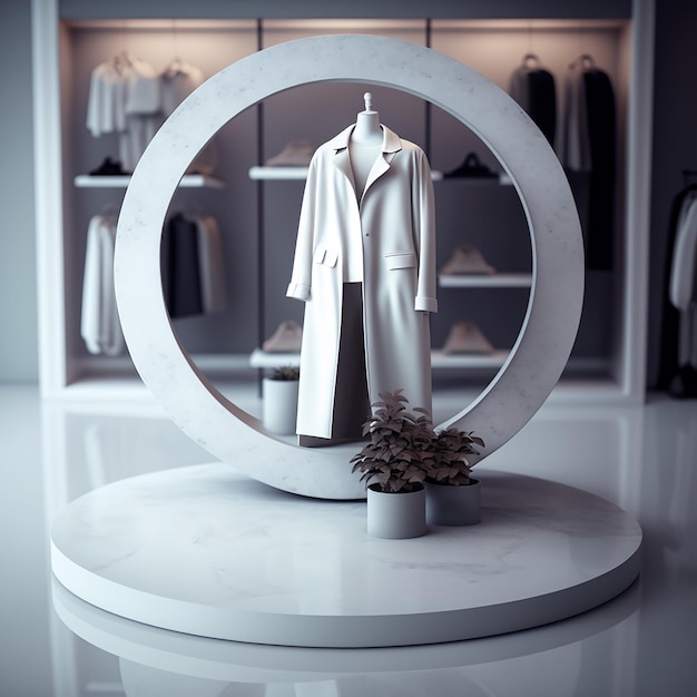 A display of a white jacket with a circle on it.