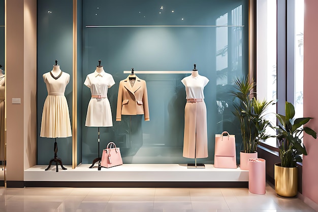 Display window of fashion or clothing boutique shop with blank clean signboard mockup for offers