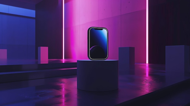 Photo a display with a purple light and a black object in the middle