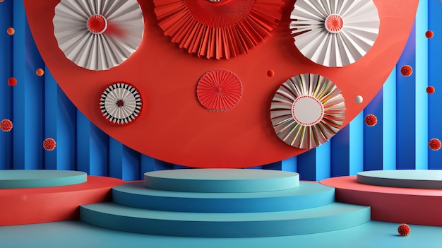 Displaying festive blue and red products with colorful paper fans for showcasing